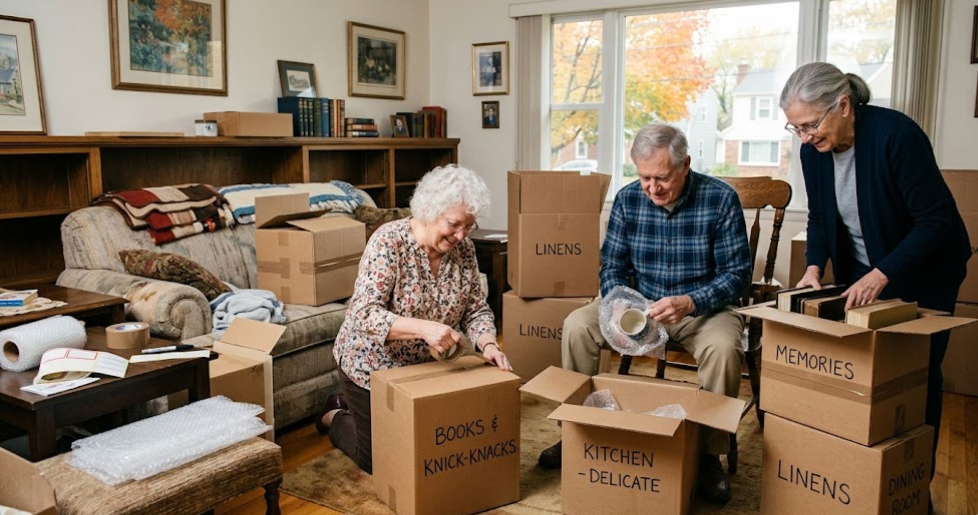Seniors packing boxes for downsize