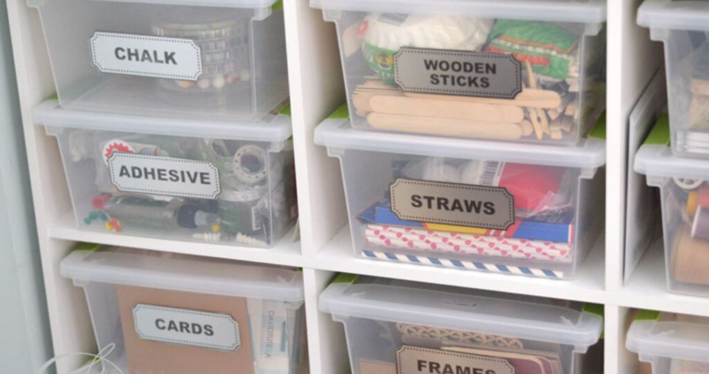 bins of craft supplies
